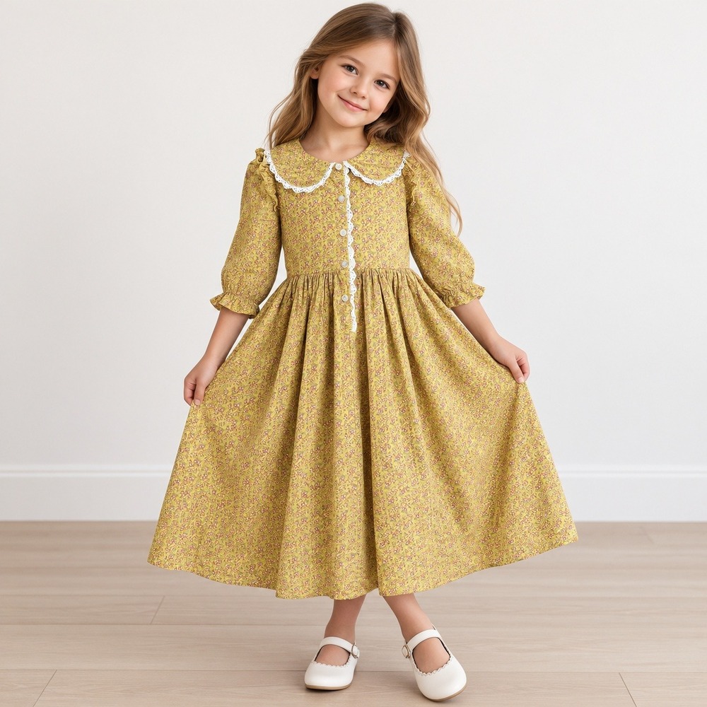 Relibeauty Girls Cotton Dress Yellow Floral Prairie 100% Cotton